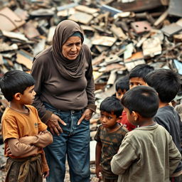 An elderly Muslim woman with an expression of frustration, wearing jeans and a hijab, interacting with a group of young boys in a scrapyard