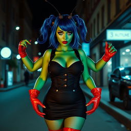 A surreal depiction of a woman with no mouth, featuring striking emerald green skin and captivating sapphire blue hair