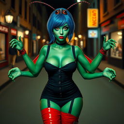 A surreal depiction of a woman with no mouth, featuring striking emerald green skin and captivating sapphire blue hair