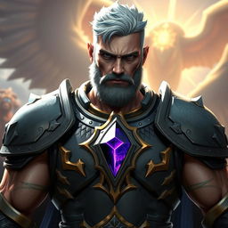 A rugged male Aasimar with light pink skin, showcasing his short white hair with distinctive blue tips