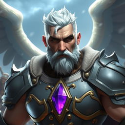 A rugged male Aasimar with light pink skin, showcasing his short white hair with distinctive blue tips