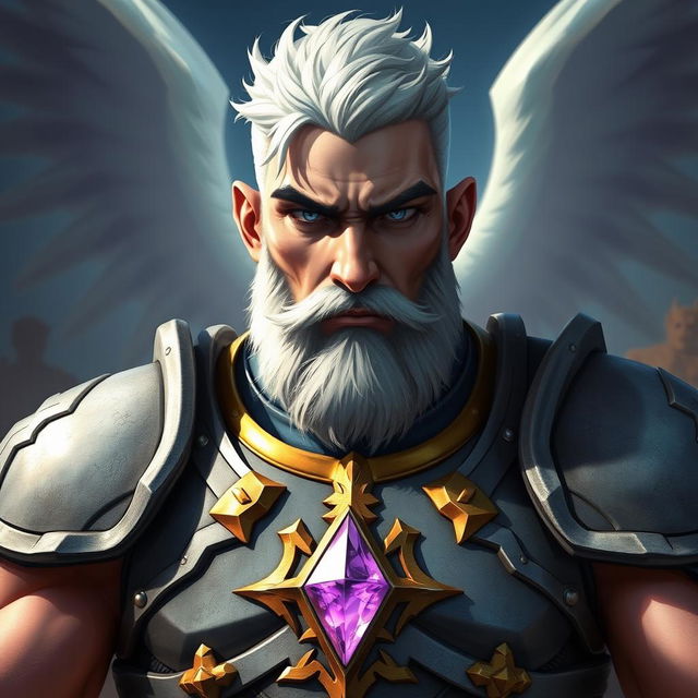 A rugged male Aasimar with light pink skin, showcasing his short white hair with distinctive blue tips