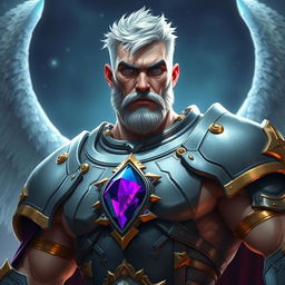 A rugged male Aasimar with light pink skin, showcasing his short white hair with distinctive blue tips