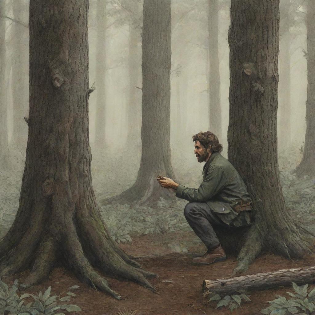 Ilustración detallada ambientada en un bosque, representando la historia del aserrador, con un hombre robusto cortando madera con un aserruche de dos manos.