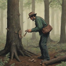 Ilustración detallada ambientada en un bosque, representando la historia del aserrador, con un hombre robusto cortando madera con un aserruche de dos manos.