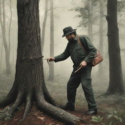 Ilustración detallada ambientada en un bosque, representando la historia del aserrador, con un hombre robusto cortando madera con un aserruche de dos manos.