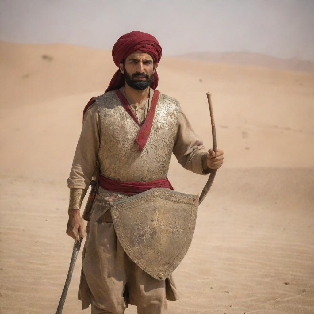 An ancient Persian soldier in traditional attire, holding a spear and shield, standing resolute against a desert backdrop.