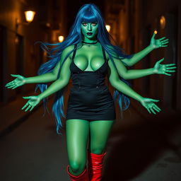 A mystical woman with emerald green skin and four arms, each gracefully posed