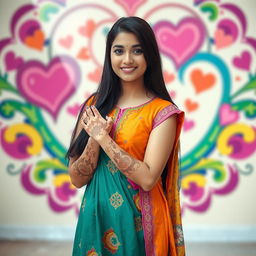 A full-length portrait of a young woman with long dark hair, wearing a colorful, traditional outfit