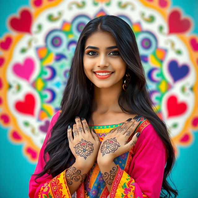 A full-length portrait of a young woman with long dark hair, wearing a colorful, traditional outfit