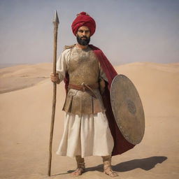 An ancient Persian soldier in traditional attire, holding a spear and shield, standing resolute against a desert backdrop.