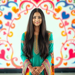 A full-length portrait of a young woman with long dark hair, wearing a colorful, traditional outfit