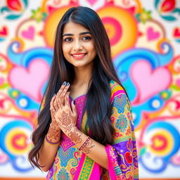 A full-length portrait of a young woman with long dark hair, wearing a colorful, traditional outfit