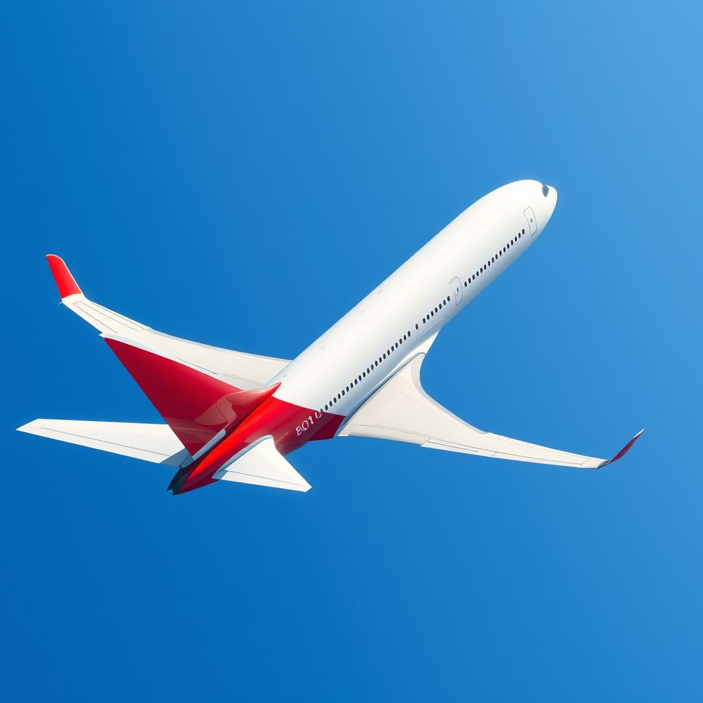 A stunning A350 900 airplane with a red and white color scheme flying across a clear blue sky