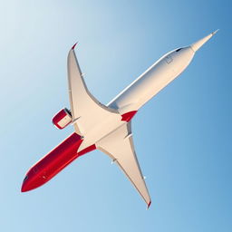 A stunning A350 900 airplane with a red and white color scheme flying across a clear blue sky