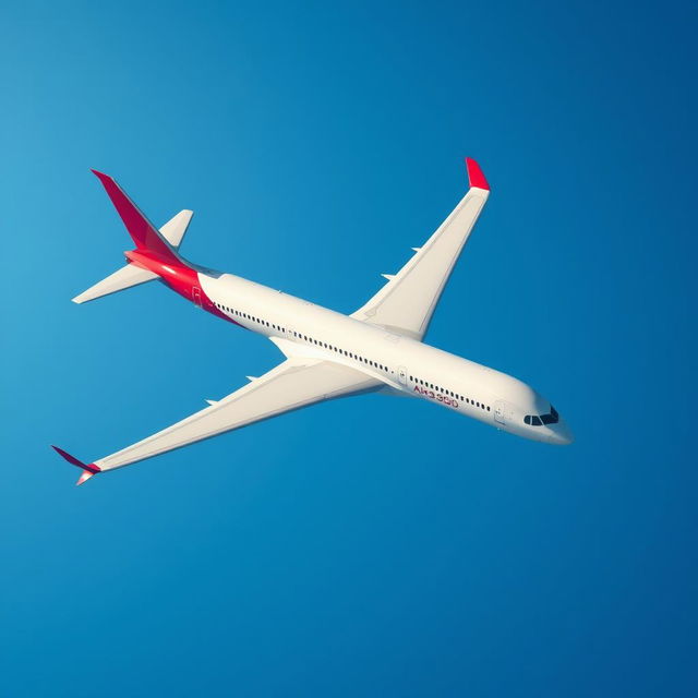 A stunning A350 900 airplane with a red and white color scheme flying across a clear blue sky