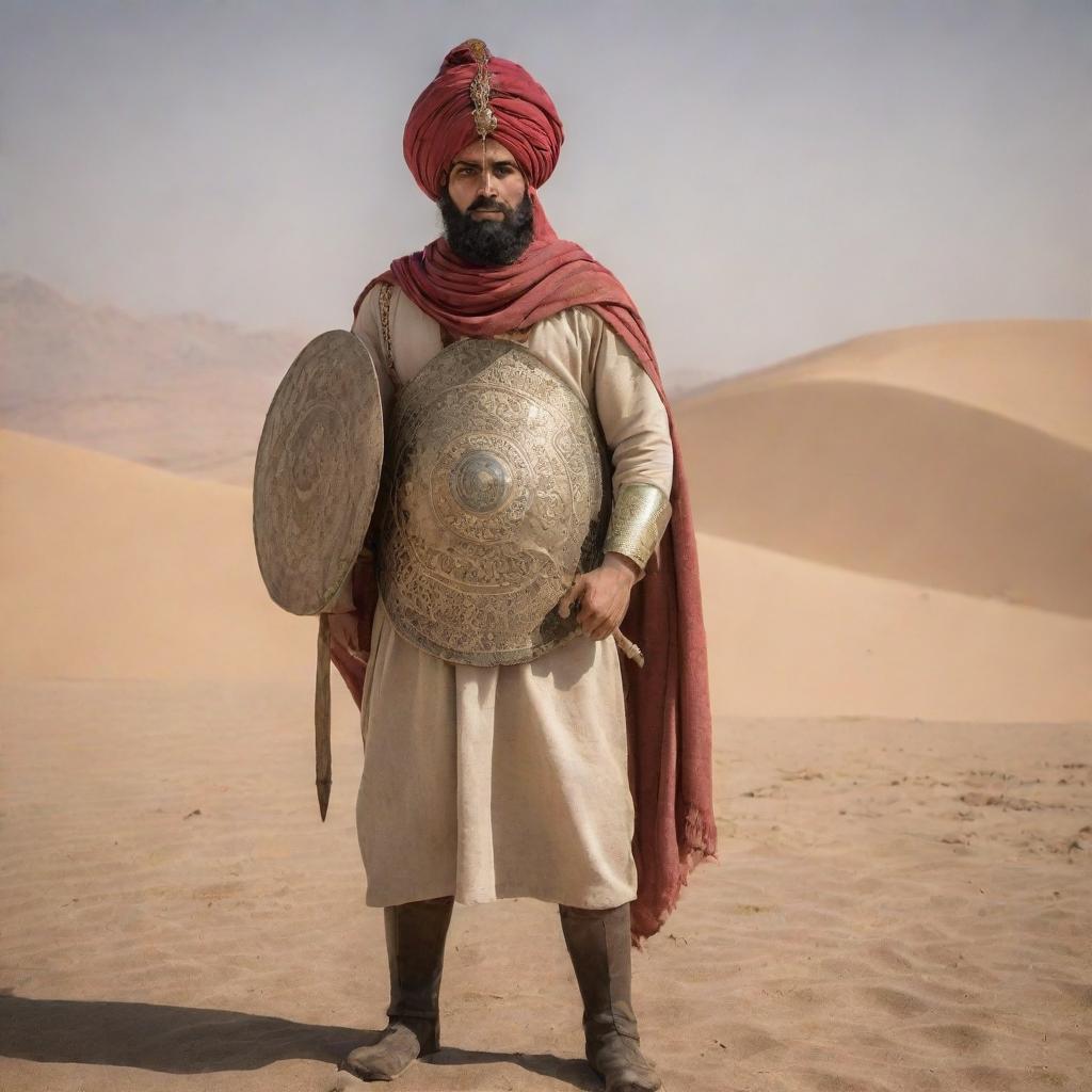 An ancient Persian soldier in traditional attire, holding a spear and shield, standing resolute against a desert backdrop.