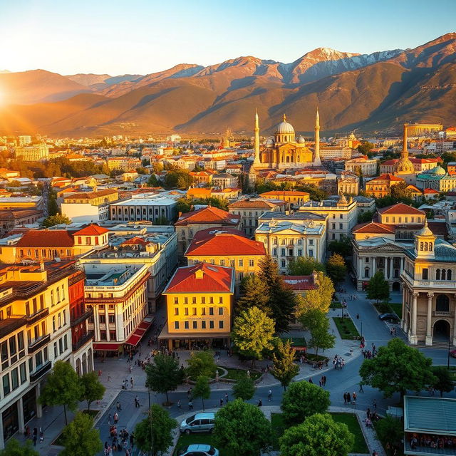 A picturesque view of a vibrant cityscape in Kosovo, Albania, showcasing both modern architecture and historical buildings