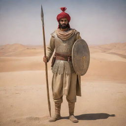 An ancient Persian soldier in traditional attire, holding a spear and shield, standing resolute against a desert backdrop.