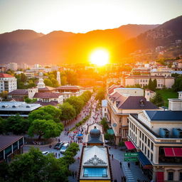 A picturesque view of a vibrant cityscape in Kosovo, Albania, showcasing both modern architecture and historical buildings