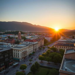 A picturesque view of a vibrant cityscape in Kosovo, Albania, showcasing both modern architecture and historical buildings