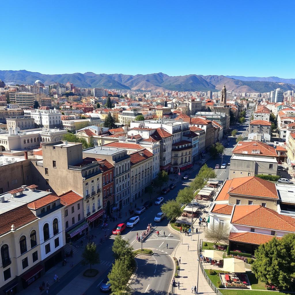 A vibrant cityscape in Kosovo, Albania, showcasing modern architecture intermingled with historic buildings