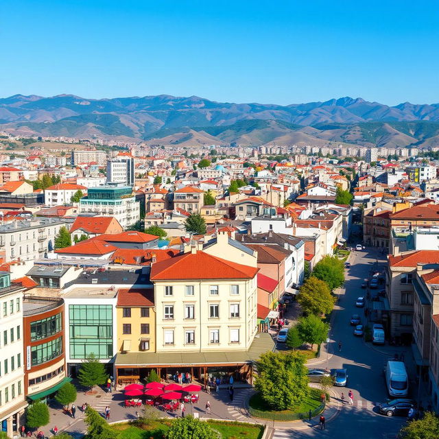 A vibrant cityscape in Kosovo, Albania, showcasing modern architecture intermingled with historic buildings