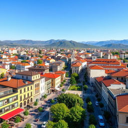 A vibrant cityscape in Kosovo, Albania, showcasing modern architecture intermingled with historic buildings