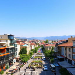 A vibrant cityscape in Kosovo, Albania, showcasing modern architecture intermingled with historic buildings