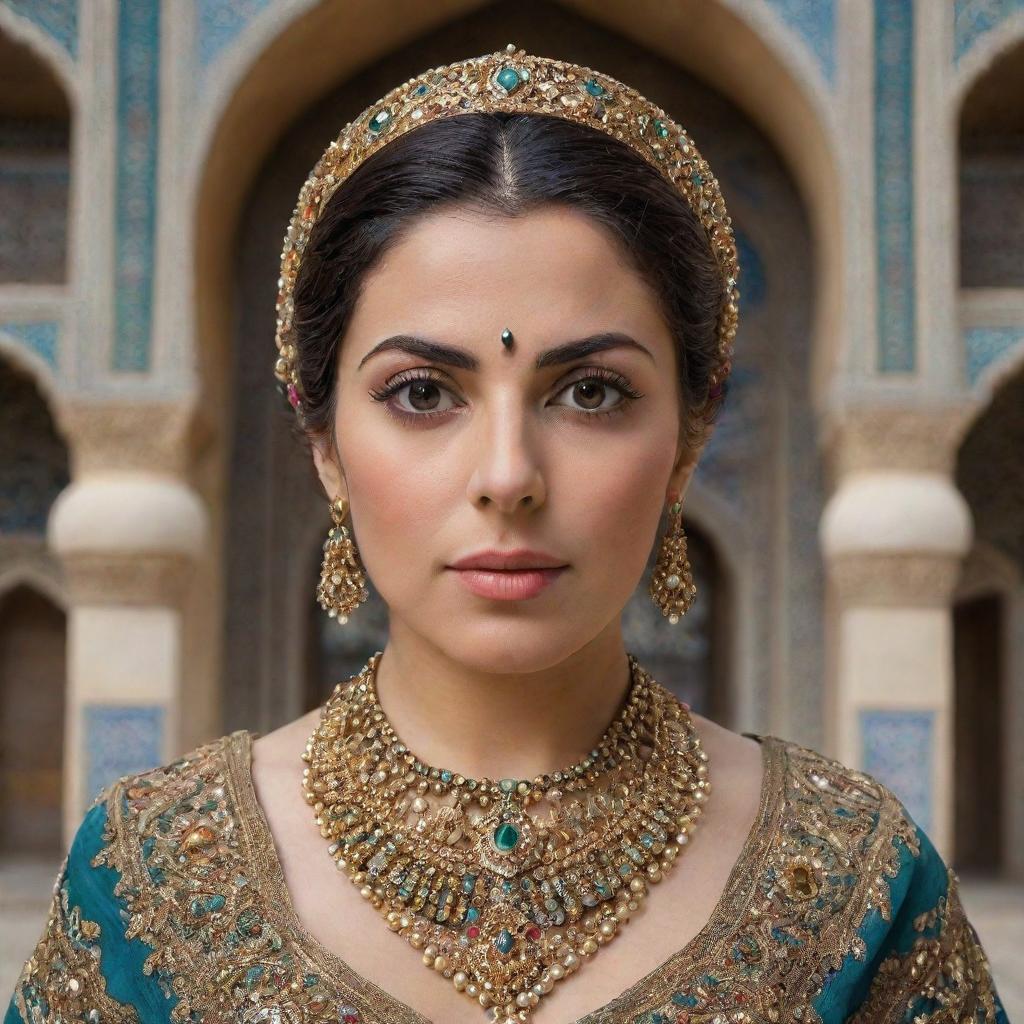 A Persian woman in traditional attire, adorned with intricate jewellery, her expressive eyes captivating, against a beautiful Iranian architecture background.