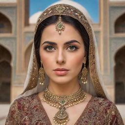 A Persian woman in traditional attire, adorned with intricate jewellery, her expressive eyes captivating, against a beautiful Iranian architecture background.