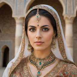 A Persian woman in traditional attire, adorned with intricate jewellery, her expressive eyes captivating, against a beautiful Iranian architecture background.