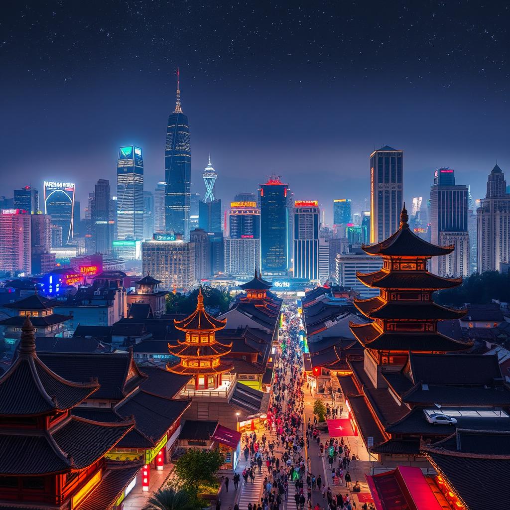 A breathtaking view of a bustling city in China, blending traditional and modern architecture