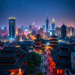 A breathtaking view of a bustling city in China, blending traditional and modern architecture