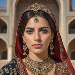 A Persian woman in traditional attire, adorned with intricate jewellery, her expressive eyes captivating, against a beautiful Iranian architecture background.