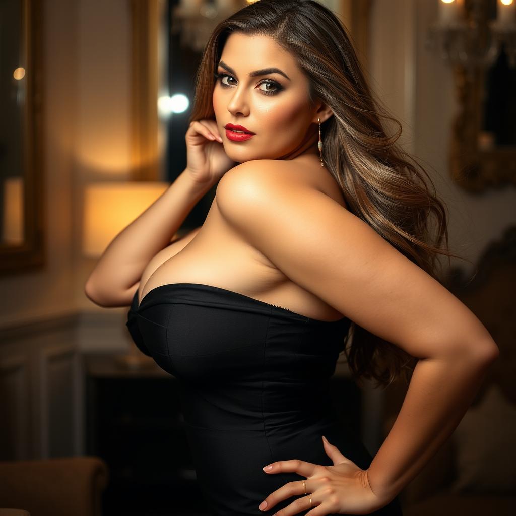 A portrait of a voluptuous woman with an hourglass figure, highlighting her expressive eyes and confident pose