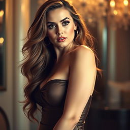 A portrait of a voluptuous woman with an hourglass figure, highlighting her expressive eyes and confident pose