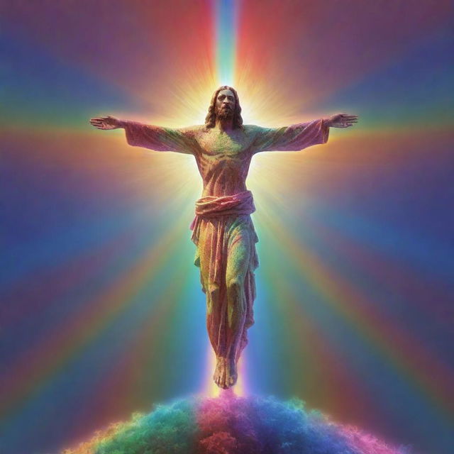 A vibrant, fractal rendered cross enveloped in a radiant, cascading rainbow, with a reverent, dignified depiction of Christ standing in front of it.