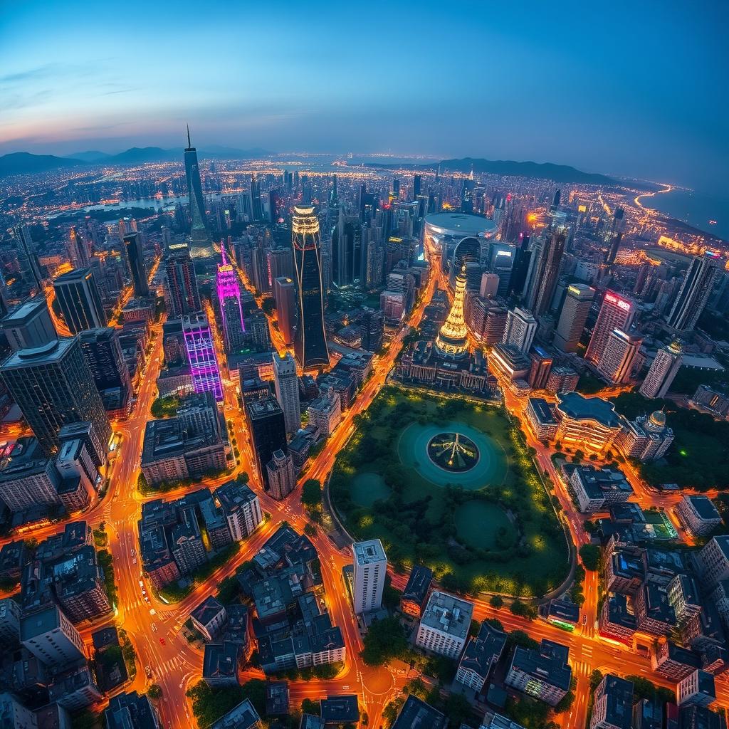 An aerial view of a bustling Chinese city captured from a high altitude