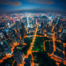 An aerial view of a bustling Chinese city captured from a high altitude