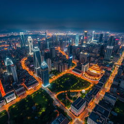 An aerial view of a bustling Chinese city captured from a high altitude