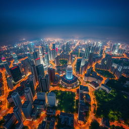 An aerial view of a bustling Chinese city captured from a high altitude