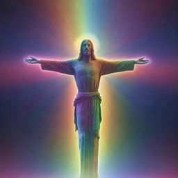 A vibrant, fractal rendered cross enveloped in a radiant, cascading rainbow, with a reverent, dignified depiction of Christ standing in front of it.