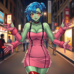 Anime style depiction of an 18 to 20 year old woman with emerald green skin and sapphire blue hair styled fashionably