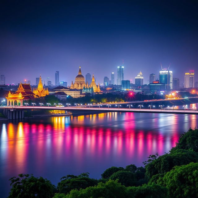 A stunning night scene featuring a bridge spanning a majestic river, located in a Southeast Asian city that embodies the essence of Myanmar, Thailand, Laos, Cambodia, and Vietnam