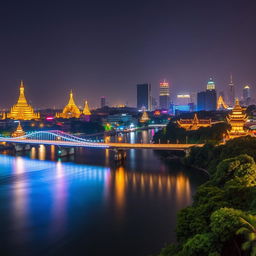 A stunning night scene featuring a bridge spanning a majestic river, located in a Southeast Asian city that embodies the essence of Myanmar, Thailand, Laos, Cambodia, and Vietnam