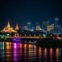 A stunning night scene featuring a bridge spanning a majestic river, located in a Southeast Asian city that embodies the essence of Myanmar, Thailand, Laos, Cambodia, and Vietnam