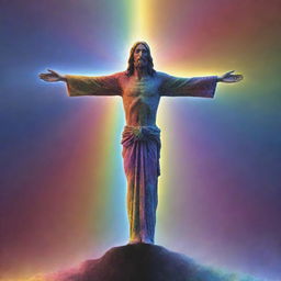 A vibrant, fractal rendered cross enveloped in a radiant, cascading rainbow, with a reverent, dignified depiction of Christ standing in front of it.