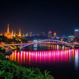 A stunning night scene featuring a bridge spanning a majestic river, located in a Southeast Asian city that embodies the essence of Myanmar, Thailand, Laos, Cambodia, and Vietnam