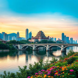 A picturesque scene in a Guangdong city, highlighting a prominent bridge arching gracefully over a wide river